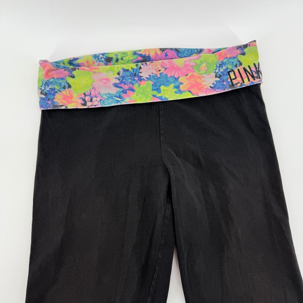 PINK Yoga Victoria's Secret Black Leggings Floral Foldover Waist Women's Large